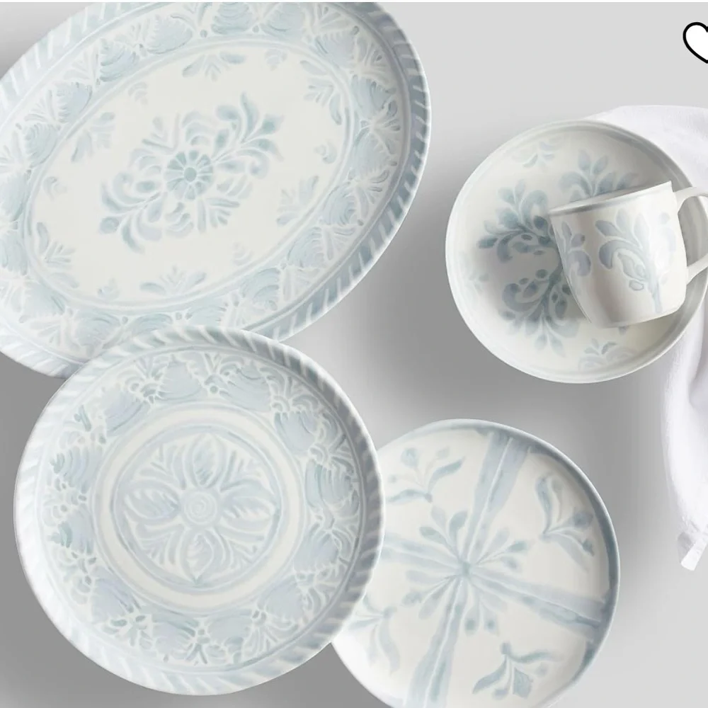 Pottery Barn Chambray Tile Stoneware Soup Bowls Blue and White 8